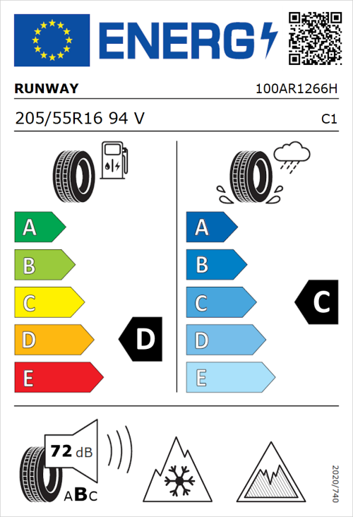 Tyre Label for Runway Enduro 75 All Season Performance 205/55R16 94V